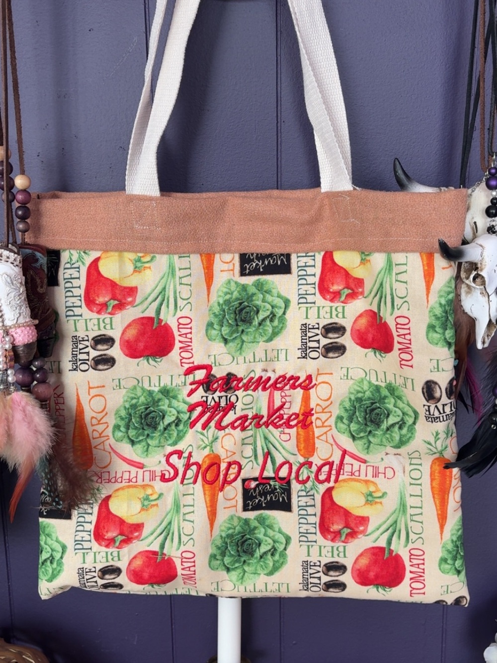 Handmade Farmers Market Shop Local Reusable Tote Bag - Tan & Multi
